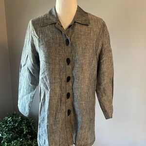 Women’s 100% linen shirt Heather like gray black UNIQUE LEAF BUTTON down size S